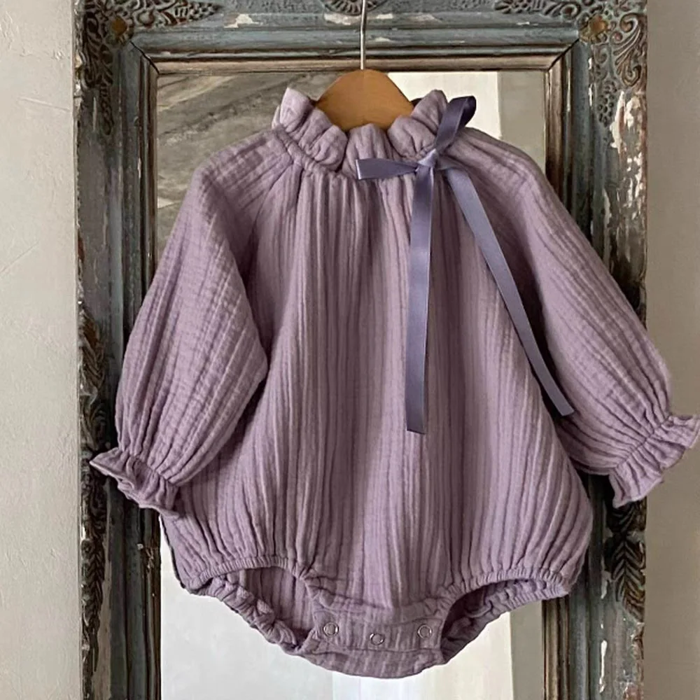 Newborn Clothes 2026 Spring New Korean Baby Girl's One Piece Clothes Ribbon Ruffled Collar Climbing Clothes