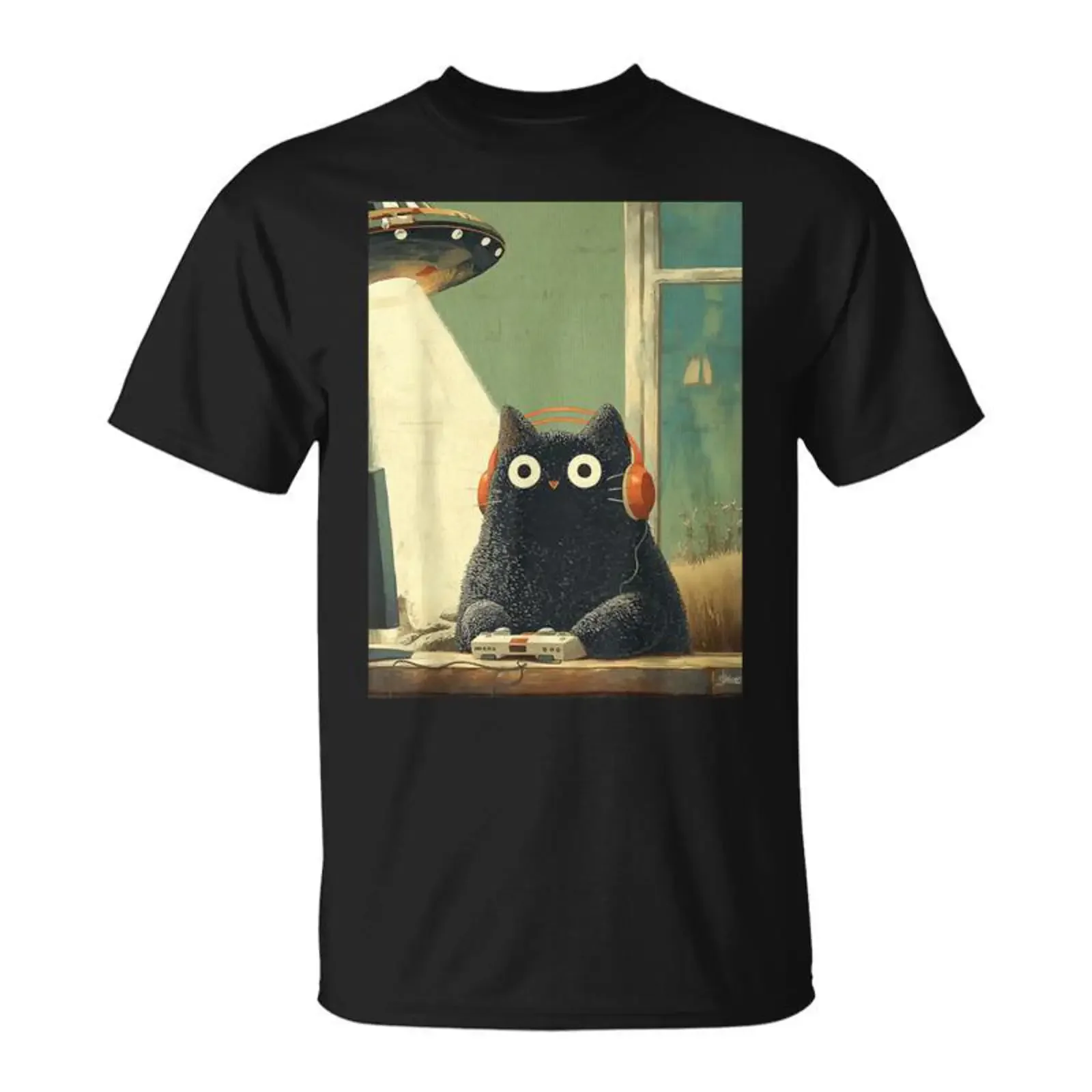 Japanese Black Gamer Cat Abduction T Shirt syz vintage Washed Slightly homme graphic Unisex fashion Stylish Comfortable