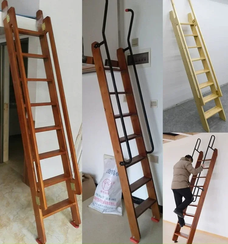 Ladder Solid wood stairs Customized wrought iron handrails Wooden Household indoor loft stairs Climbing straight ladders