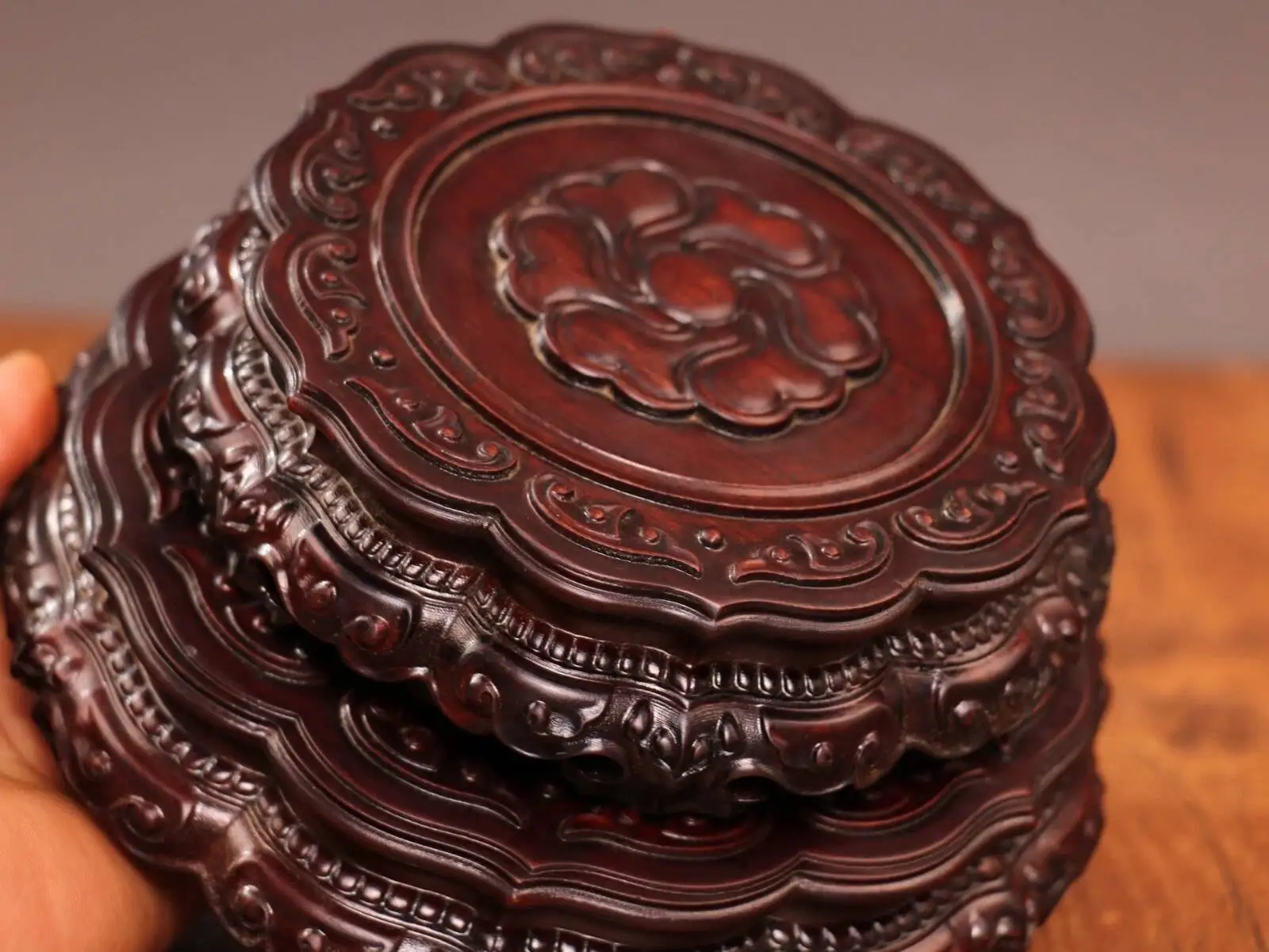 A Set Of Antique Mahogany Flower Stands, Vases, And Base Decorations