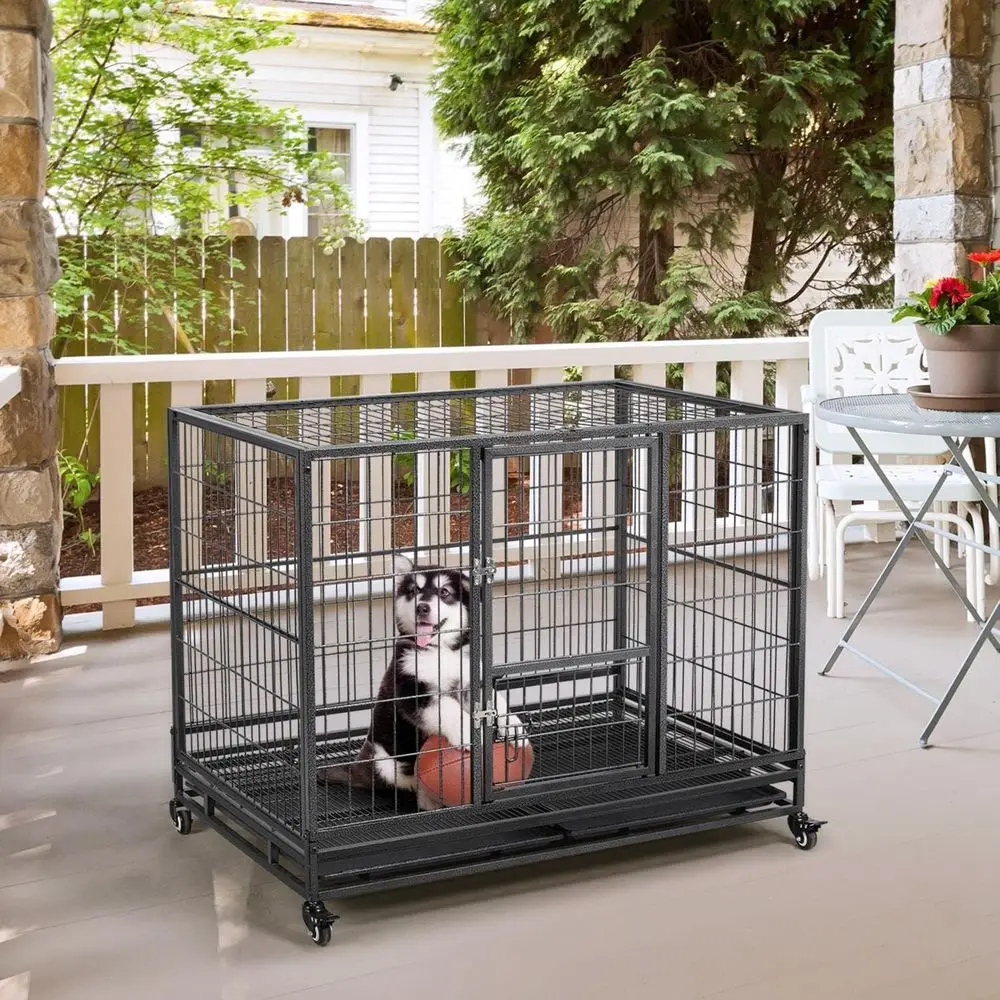 43'' Stackable Heavy Duty Metal Dog Crate Cage, 2 Tiers Ese Proo Dog Kennel w/Open Top, Lockable Wheels, Removable Tray or Indoo