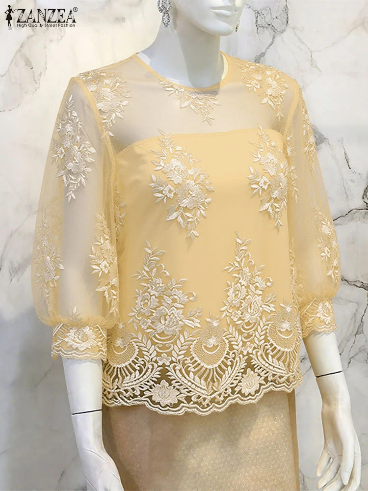 ZANZEA Elegant Blouse Women Shirts 2025 Autumn Puff Sleeve See-through Lace Fashion Tops O-Neck Loose Office OL Casual Blusas