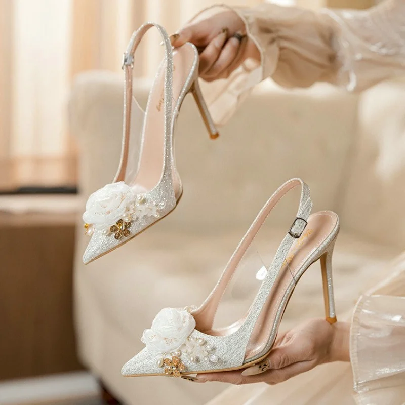 

ynpo 2026 New White Wedding Shoes Pointed Head Shallow Mouth Flowers High Heels Summer Fashion Women Sandals