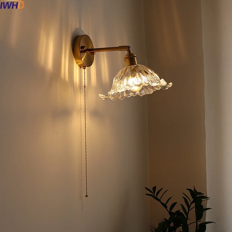 IWHD Pull Chain Switch LED Wall Lamp Sconce Glass Balcony Bedroom Bathroom Mirror Light Fixtures Copper Nordic Lampe De Chevet