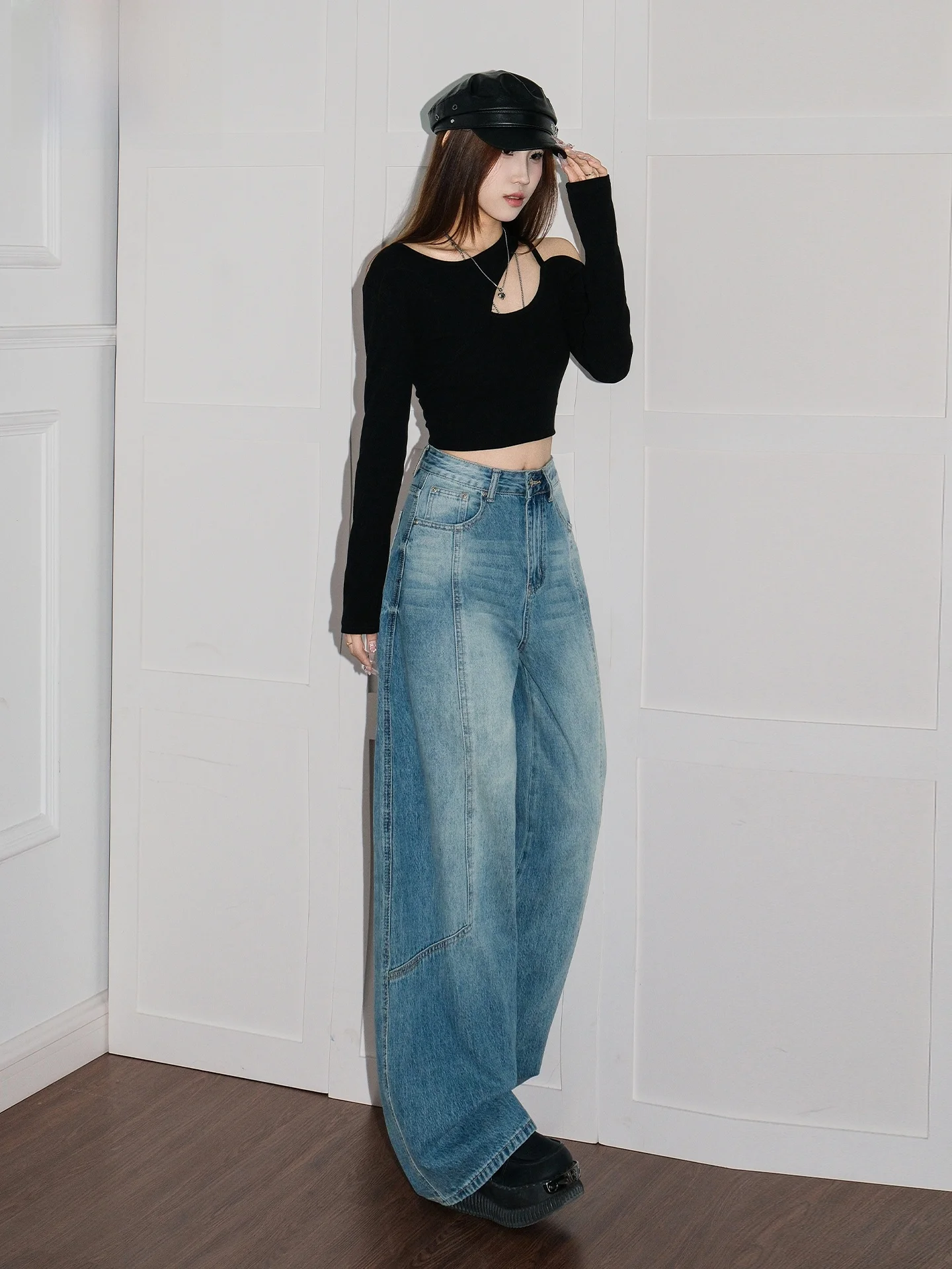 

Ретро-джинсы американского стиля с эффектом потертости, прямые, женские, летние, широкие, в пол, свободного кроя, повседневные