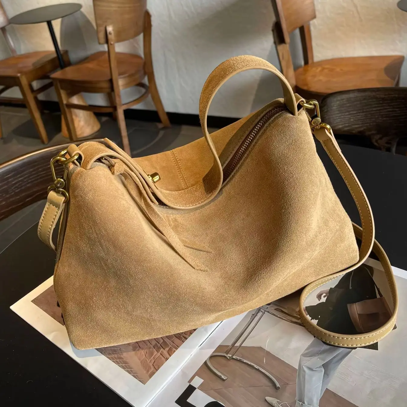 Autumn Winter Vintage Suede Cowhide Hobo Bag For Women Large Capacity Adjustable Crossbody Shoulder Handbag Casual Daily Purse