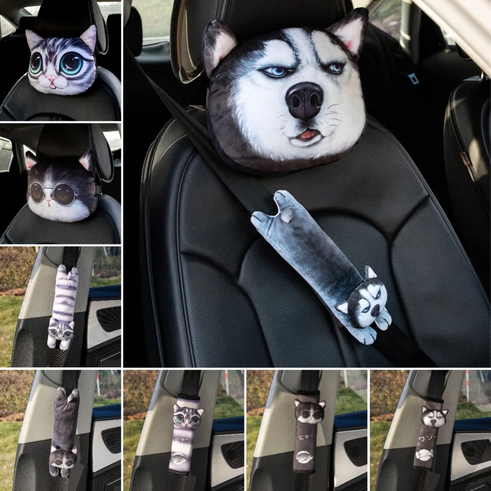 Funny Cartoon Pattern Car Pillow Auto Accessories Siberian Husky Cat Seat Belt Cover Soft Car Headrest