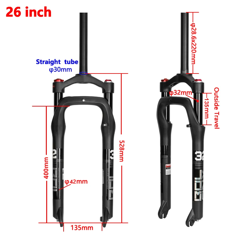 BOLANY Snow Bike Suspension 26inch Aluminum Alloy Air Gas Fork For Fat 4.0\