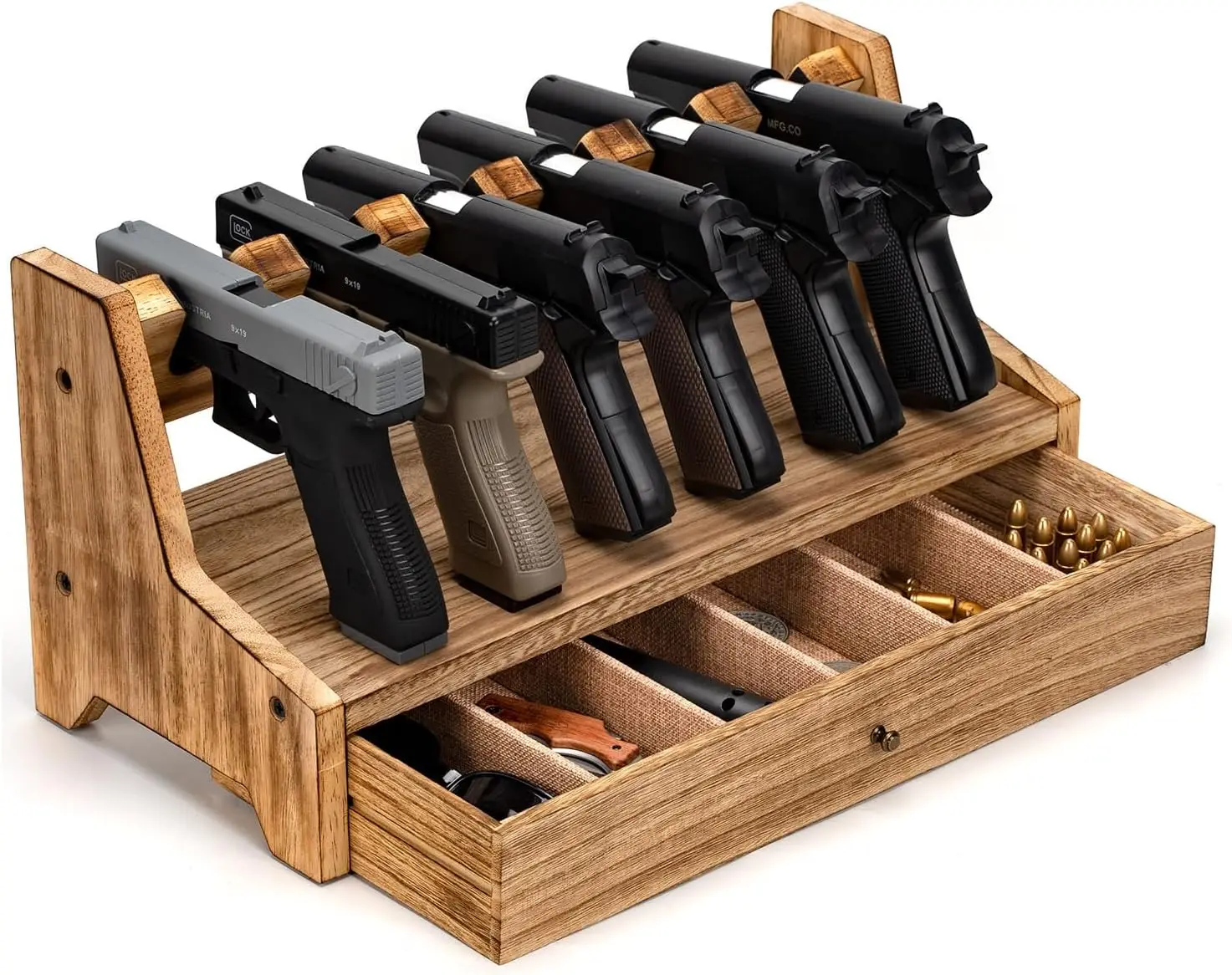 

Solid Wood Pistol Rack Organizer for Gun Safe, Rustic Style Handgun Holder with Storage Drawer