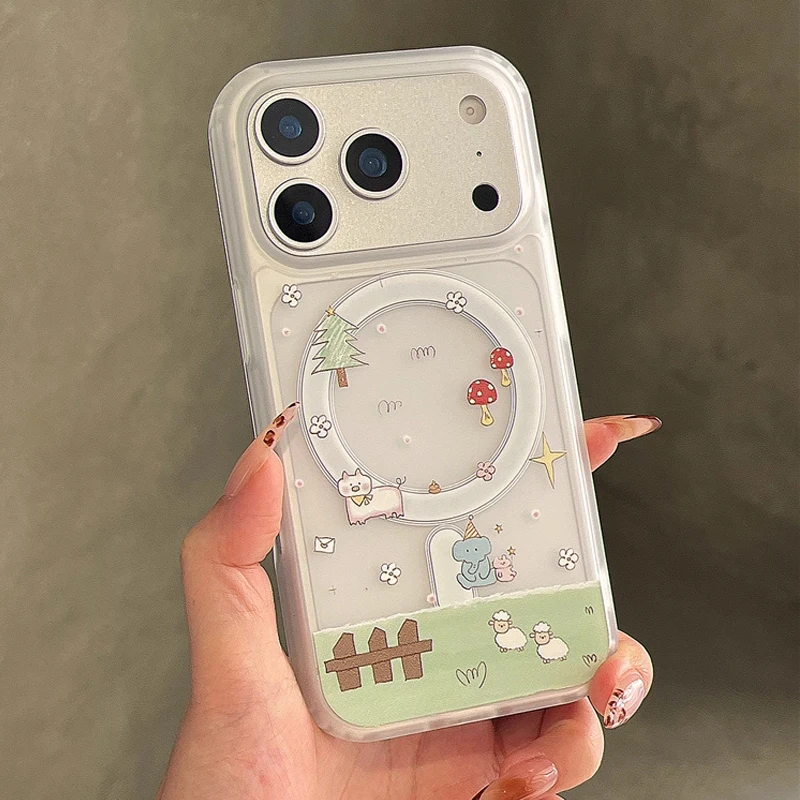 Cute Cartoon Lawn Animal Graffiti For Magsafe Wireless Charge Phone Case For iPhone 11 12 13 14 15 16 17 Pro Max Plus Y2K Cover