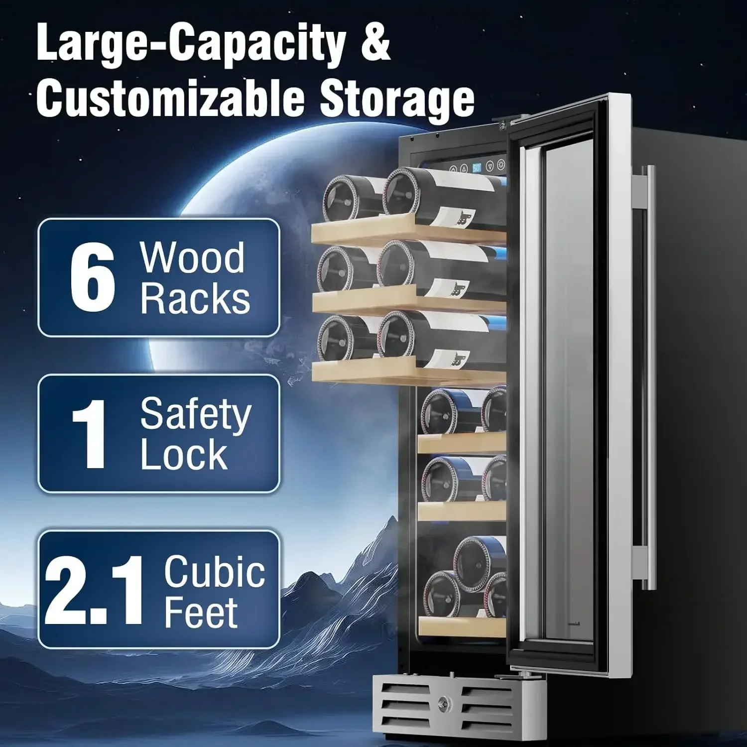 Mini Fridge 18 Bottle - 12 inch Wine Cooler Refrigerator, Built-in or Freestanding, with Stainless Steel & Double-Layer Tempered