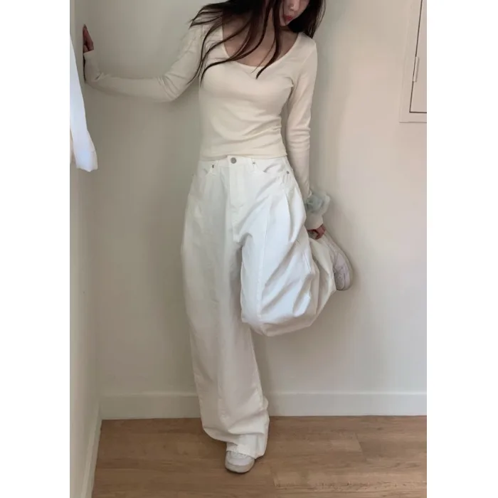 

2026 New Chic Fashionable White High Waist Loose Wide Leg Pants Women's Versatile Design Retro Style Denim Jeans High Waist C...
