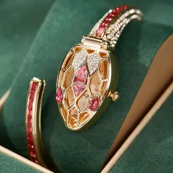 여성용 뱀 시계 팔찌, 구리 상감 라인석 커프 뱅글, 여자 파티, 결혼 생일 선물, 패션