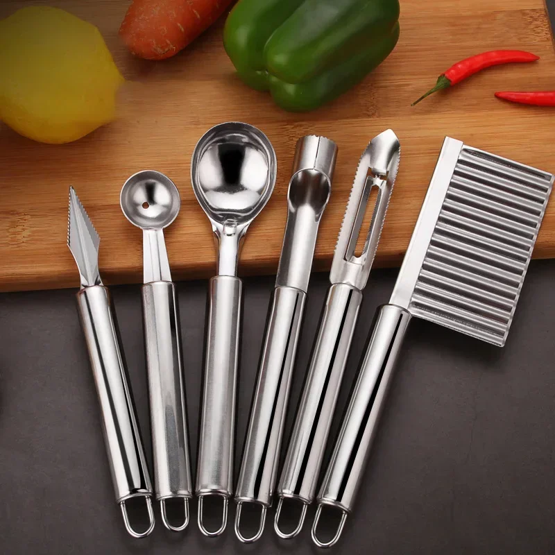 

Stainless Steel Kitchen Tool Set, Fruit Knife, Corer, Carving Knife, Watermelon, Digging Ball, Spoon, Potato Peeler, 1Pc, 6Pcs