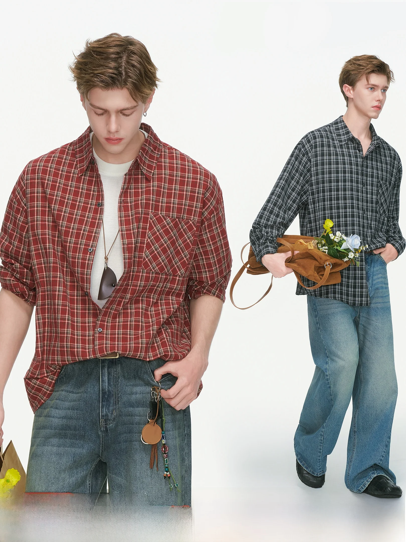 Dream Made American Red Plaid Long Sleeve Men's Shirt Spring Summer High End Inner Wear Couple's Shirt Loose Fit Youth Trend