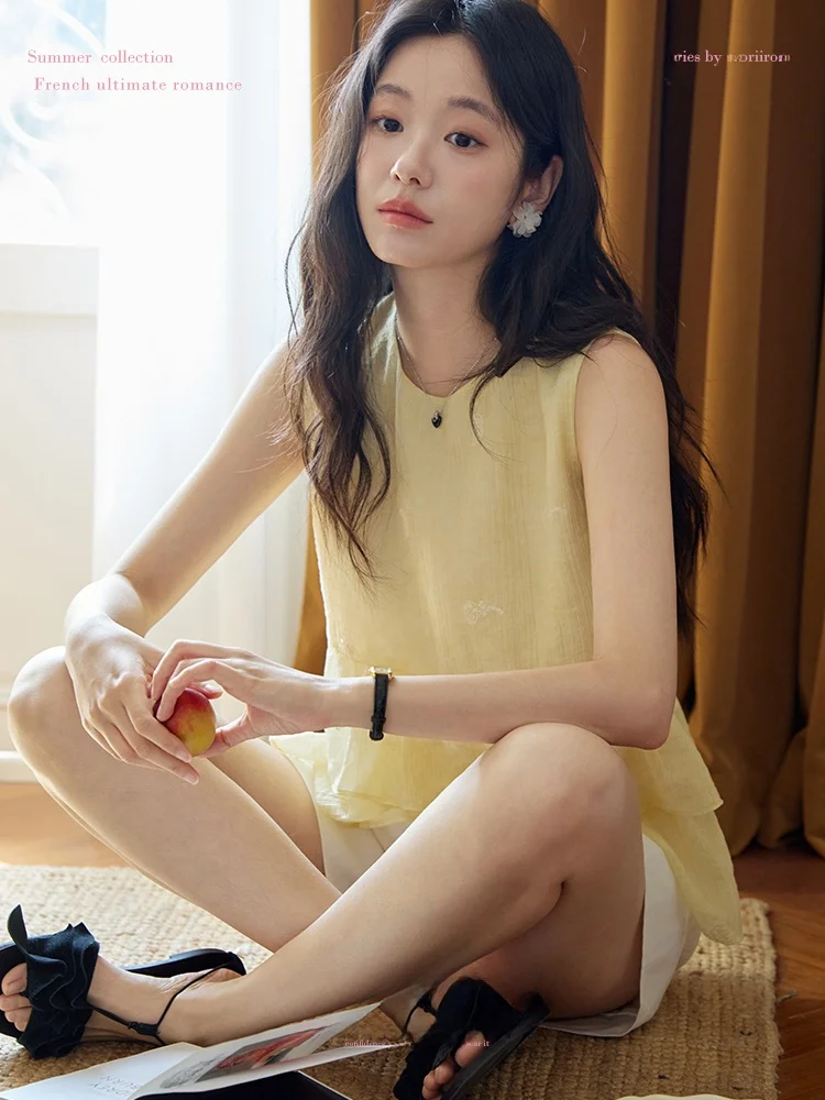 

Жилет Moriirose с желтой кружевной отделкой и вышивкой, женский летний винтажный свободный топ для повседневной носки