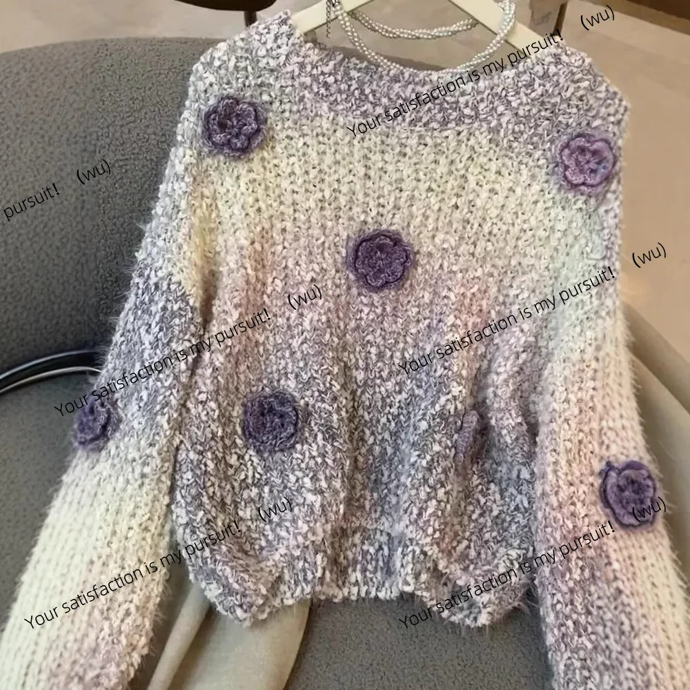 

Женский вязаный свитер с длинными рукавами и розовым цветком ручной работы, новинка 2024, темпераментный универсальный топ, модный свитер для ленивых