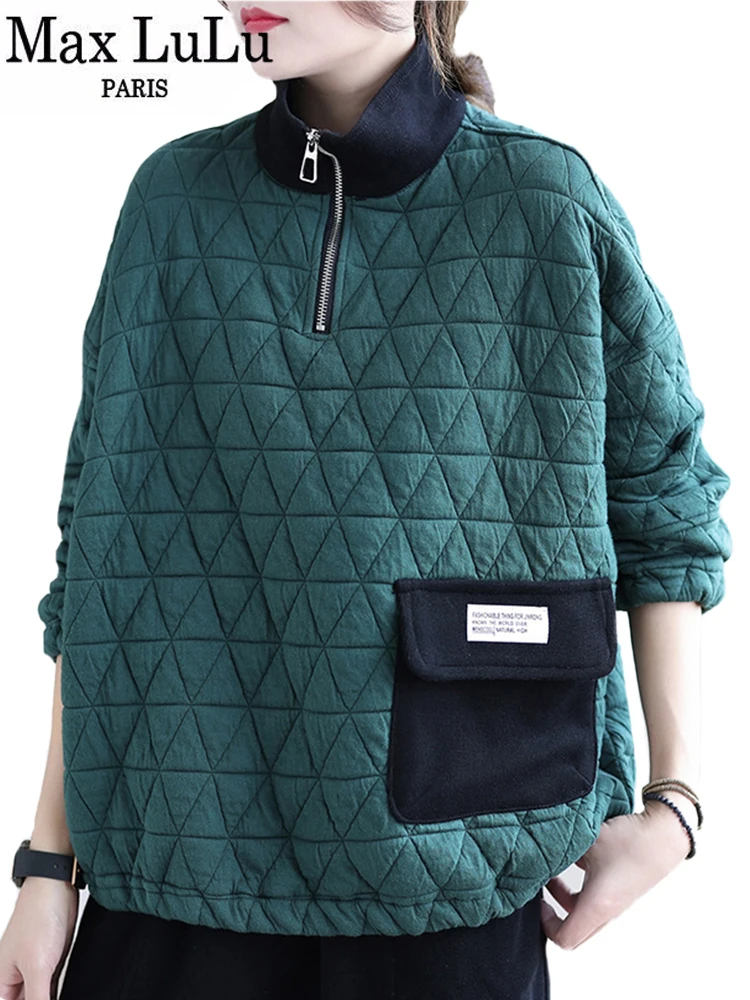 Max lulu nova moda feminina casual solto sweatshirts 2021 inverno estilo britânico acolchoado bolso quente hoodies roupas de design com zíper