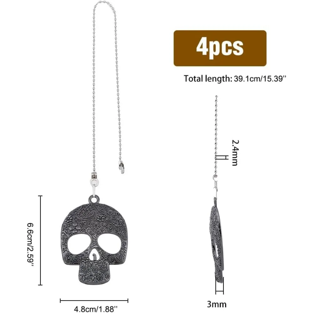 4pcs Alloy Skull Ceiling Fan Pull Chain Pendant Retro Fan Zipper and Ball Chain Connector Metal Extension Chain for Bathroom,