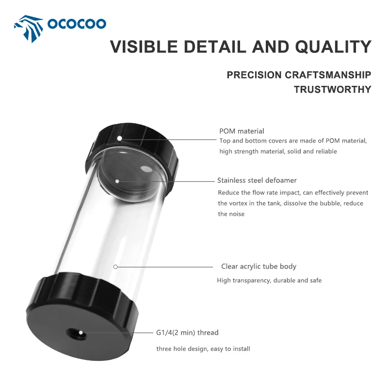 OCOCOO PC  DIY Water Cooling Acrylic Reservoir Tank – Cylindrical 60mm OD G1/4 Thread Black Cap Liquid Cooling OC-D60-N13