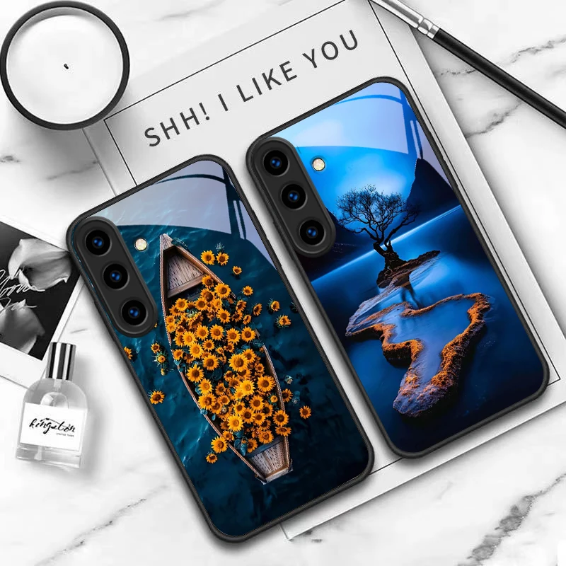 Warm orange halo tree For Samsung Galaxy S24 FE S23 S22 S21 S20 Plus S26 Ultra S25 Edge S25+ S24+ 22+ Black Glass Phone Case view 5