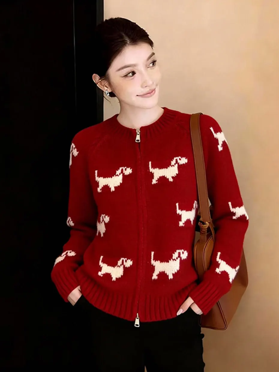 

Korean Style Women's Knitted Sweater Coat Autumn Winter round Neck Zipper Red Cartoon Dog Flower Pattern Loose Fit Long Sleeve