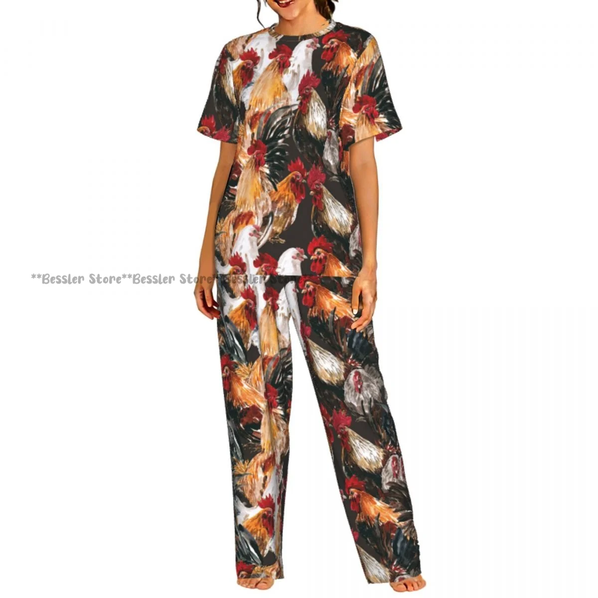 

Chicken Rooster Painting Pajamas Set Short-sleeved Women Home Clothing