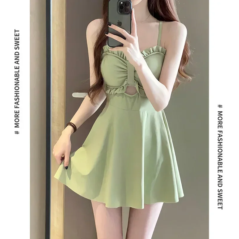 Traje de baño bonito y dulce con tirantes para mujer, 2 unidades/juego, ropa de playa Sexy de una pieza, traje de baño fino, traje de baño de cintura alta para niñas