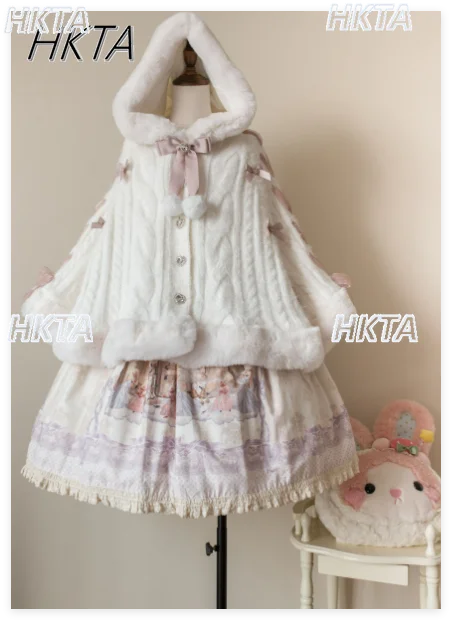 

Sweet Lolita Winter New Love Bow Hooded Pink Cape Sweater Jacket Women Cute Girls Warm White Knitted Sweaters Coats Cloak