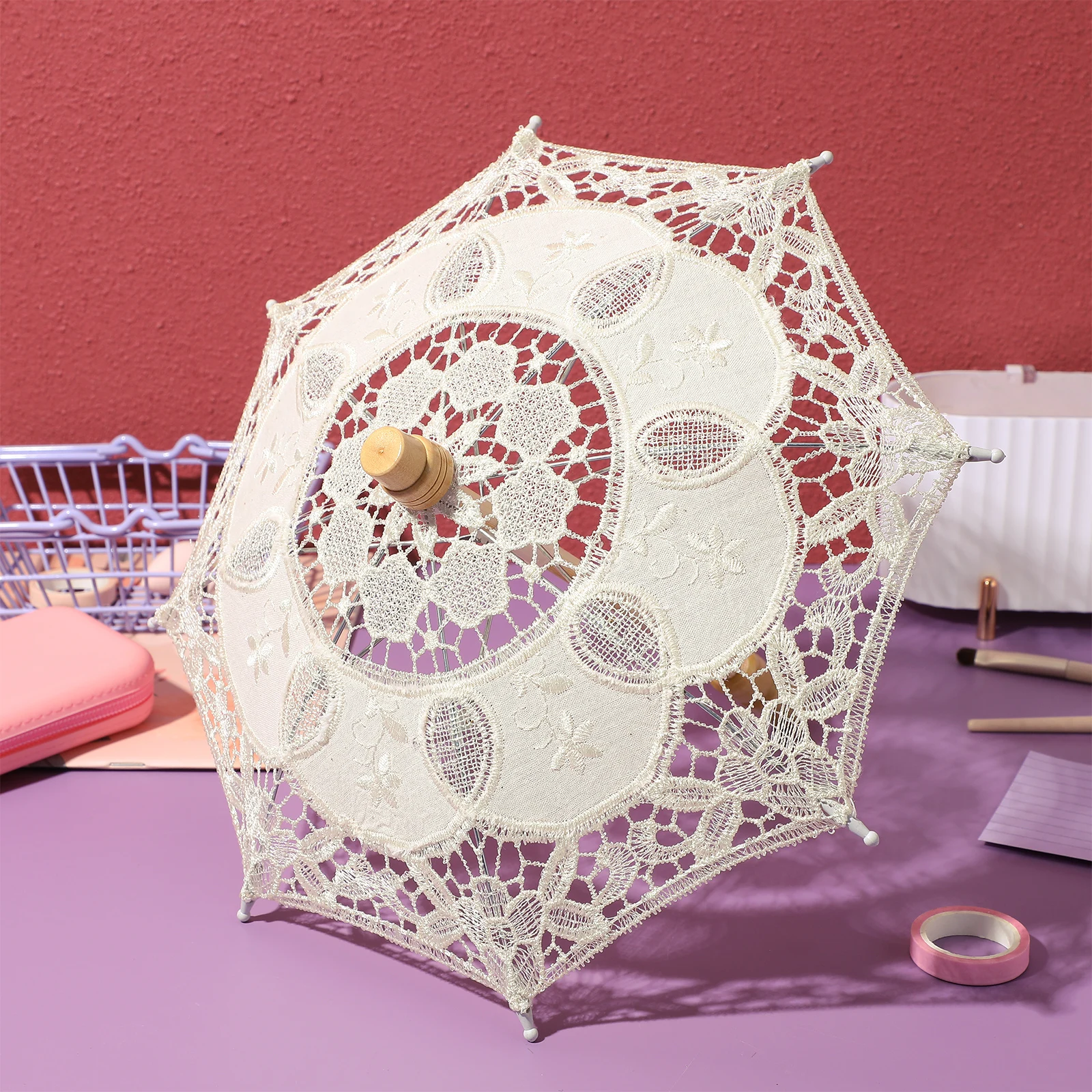 Paraguas de algodón de encaje premium Sombrilla multifuncional para fiesta de boda Reunión de té Fotografía Prop Decoración nupcial Blanco