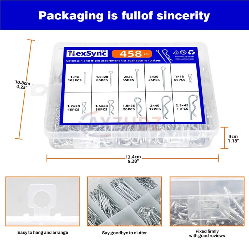 458pcs Cotter pins Assortment kit, Zinc Plated Steel Cotter Pin Hair Pin Hitch Pin Cotter Fastener Fitting Assortment kit, Multi