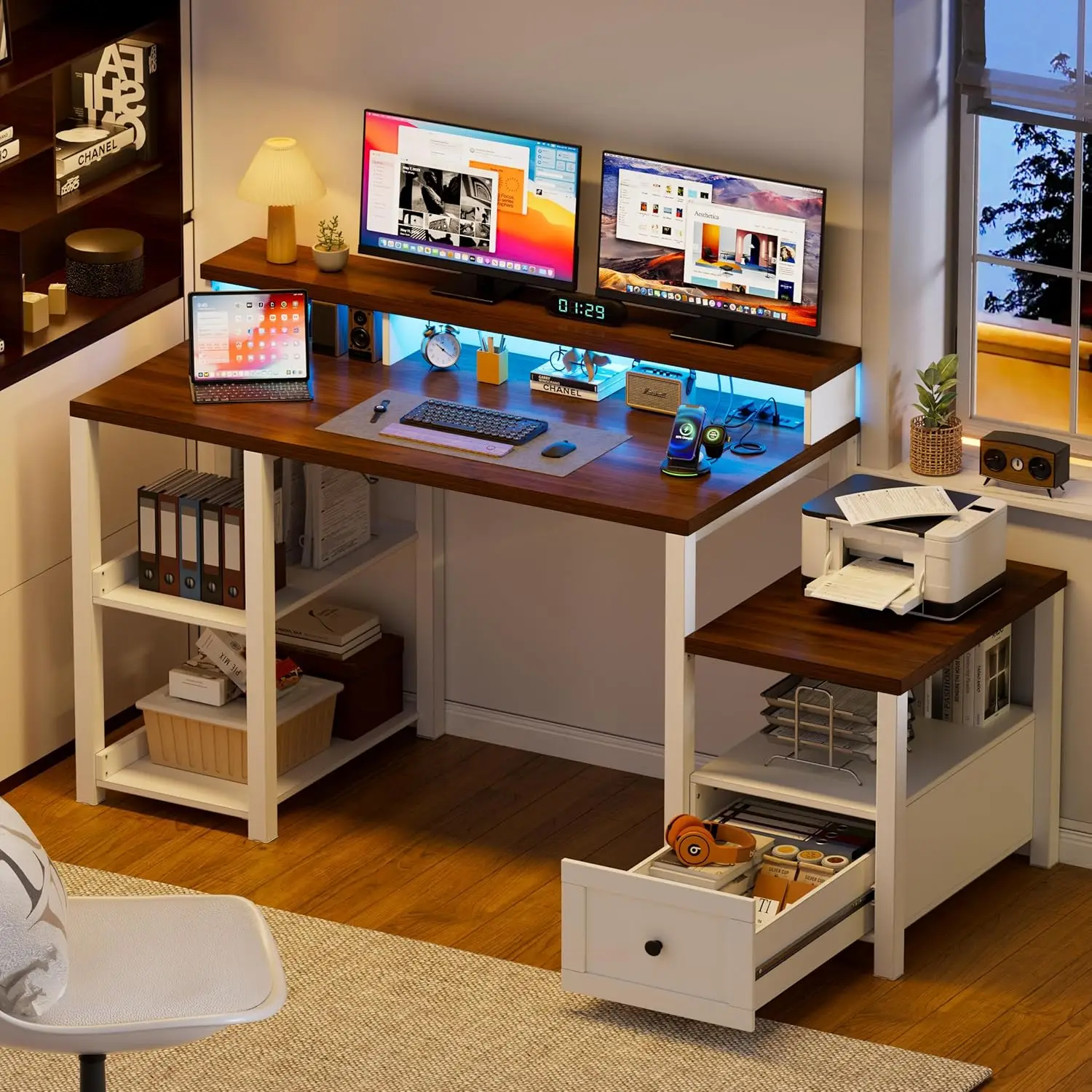

61.2'' Computer Desk with Drawer & Power Outlets, Farmhouse Ergonomic Office Desks with Long Monitor Stand,Wood Computer Table w