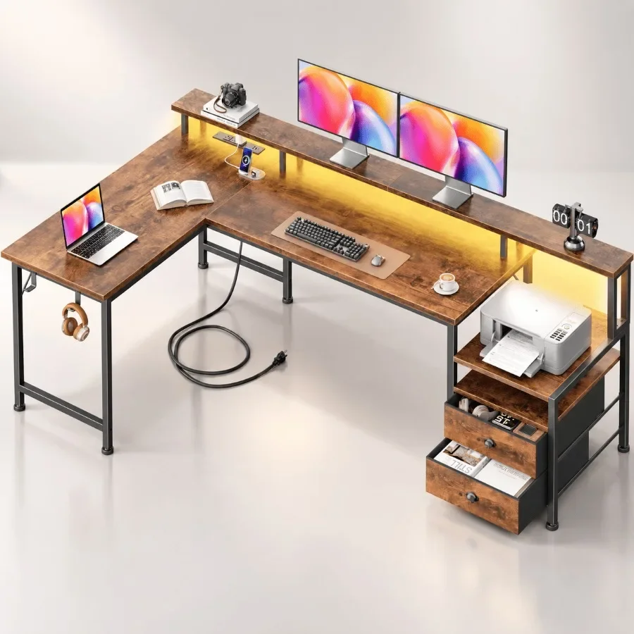 66'' L-Shaped Computer Desk with Storage Drawers, Built-in Power Outlet LED Lighting, Modern Gray Finish for Home Office Use