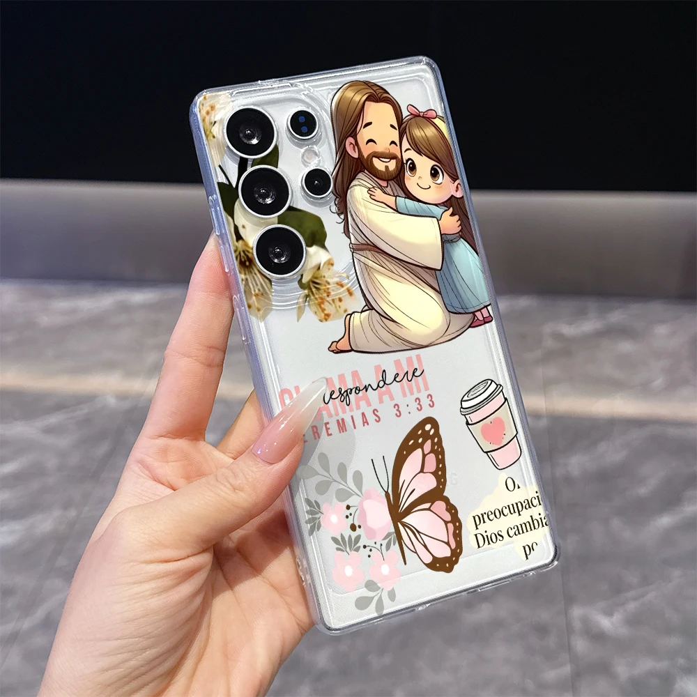 Jesus Hugging Girl Flowers Text Clear Soft TPU Back Cover For Samsung Galaxy S26 S25 S24 FE A15 A55 A57 Shockproof Phone Case