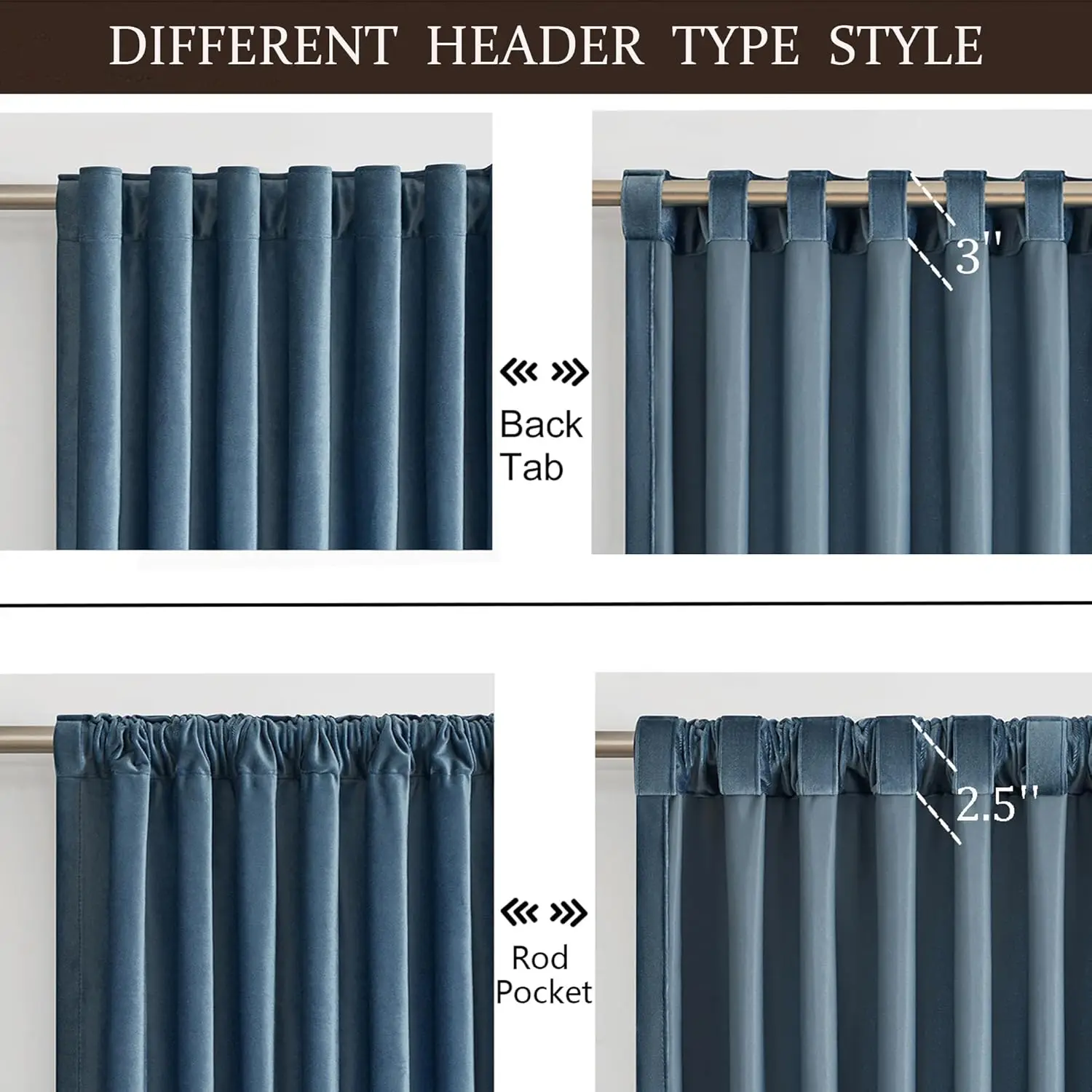 Primrose 100% Full Blackout Velvet Curtains 108 Inch Long For Living Room,Set Of 2 Stone Grayish Blue Liner Rod Pocket Back Tab