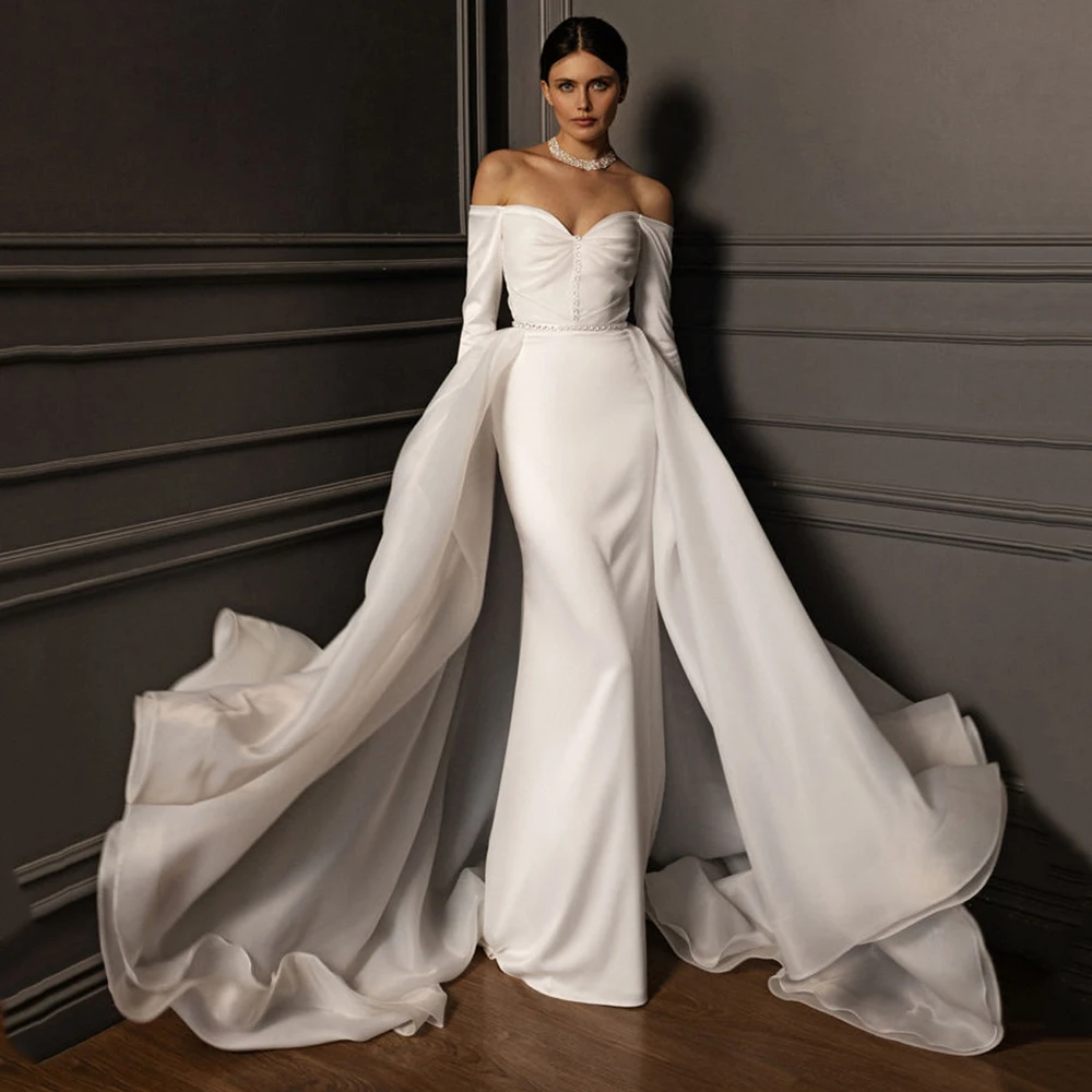 

Elegant Boat Neck Backless Long Sleeve Solid Color Wedding Dress Detachable Tail Bride Gown Pleat Party فستان الزفاف