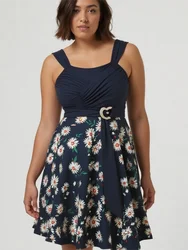 Women's Ruched Waist Dress Summer Daisy Flowers Print Surplice Heart Buckle Casual Tank Dress Blue Vestidos