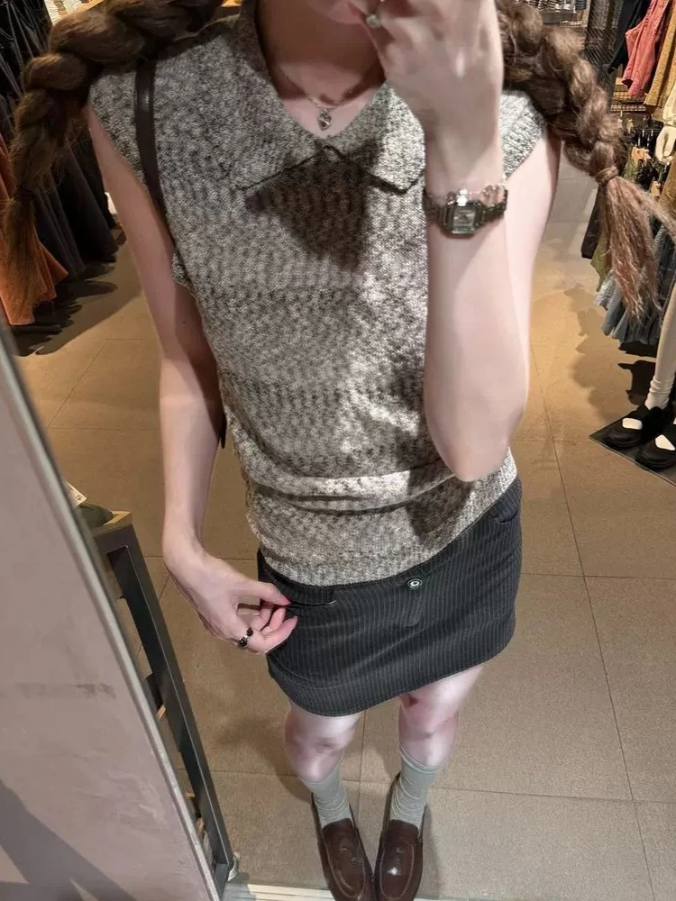 Kimutomo Knitted Vest Women Turn Down Collar Slim Stretch Elegant Vintage Grunge Y2k Aesthetic Harajuku Pillover Female Tops