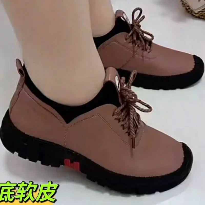 Woman Single Shoes 2023 Spring New Vintage Lace Up Soft Soled Non Slip Women Flats Fashion Soft Leather Ladies Casual Shoes