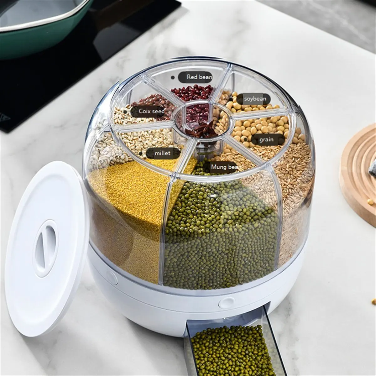 2026 Trend 6 Grid Cereal Storage Container Dispenser Countertop Grain Organizer and Dispenser Round 360 Food Rotating Dispenser