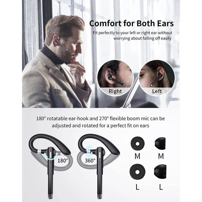 Wireless Bluetooth Headset Hands Free Single Ear Headphone Noise Cancelling Microphone for Office/Driving A