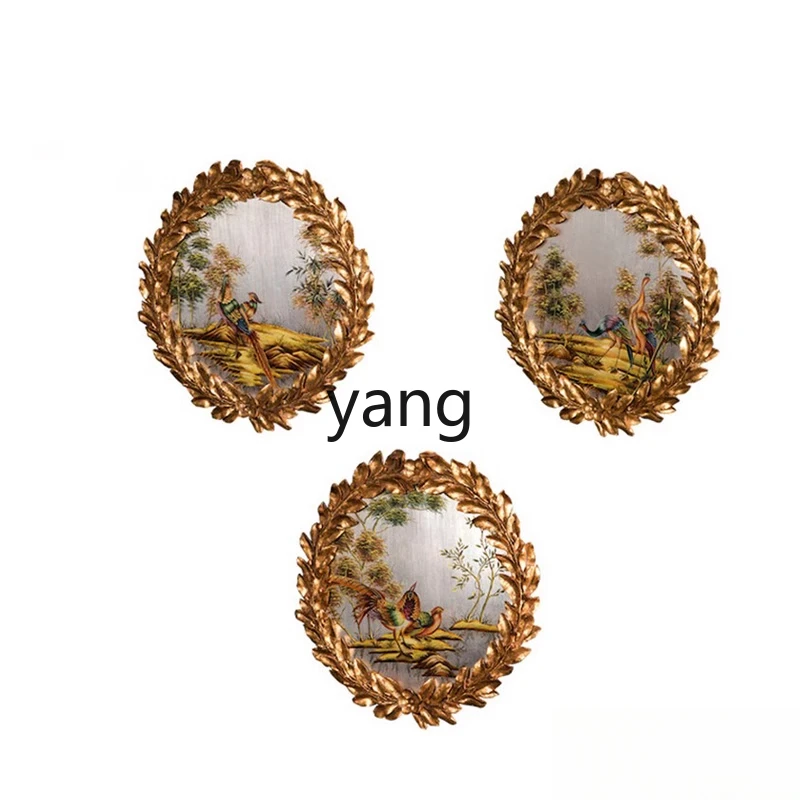 CX  French engraving color lacquer painting triptych round retro flower and bird decoration hand-painted wooden board painting