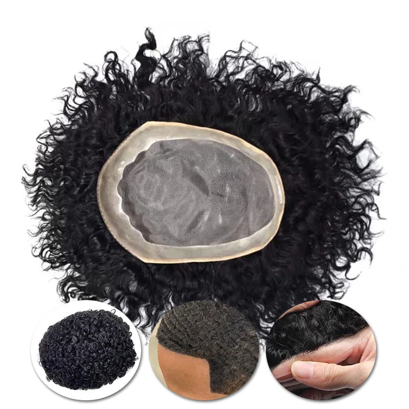 Deep Curly Hairpiece Men Capillary Prosthesis 4mm-25mm Afro Curl Human Hair Wigs For Men Toupee #1B Exhuast Systems Afro Men Wig