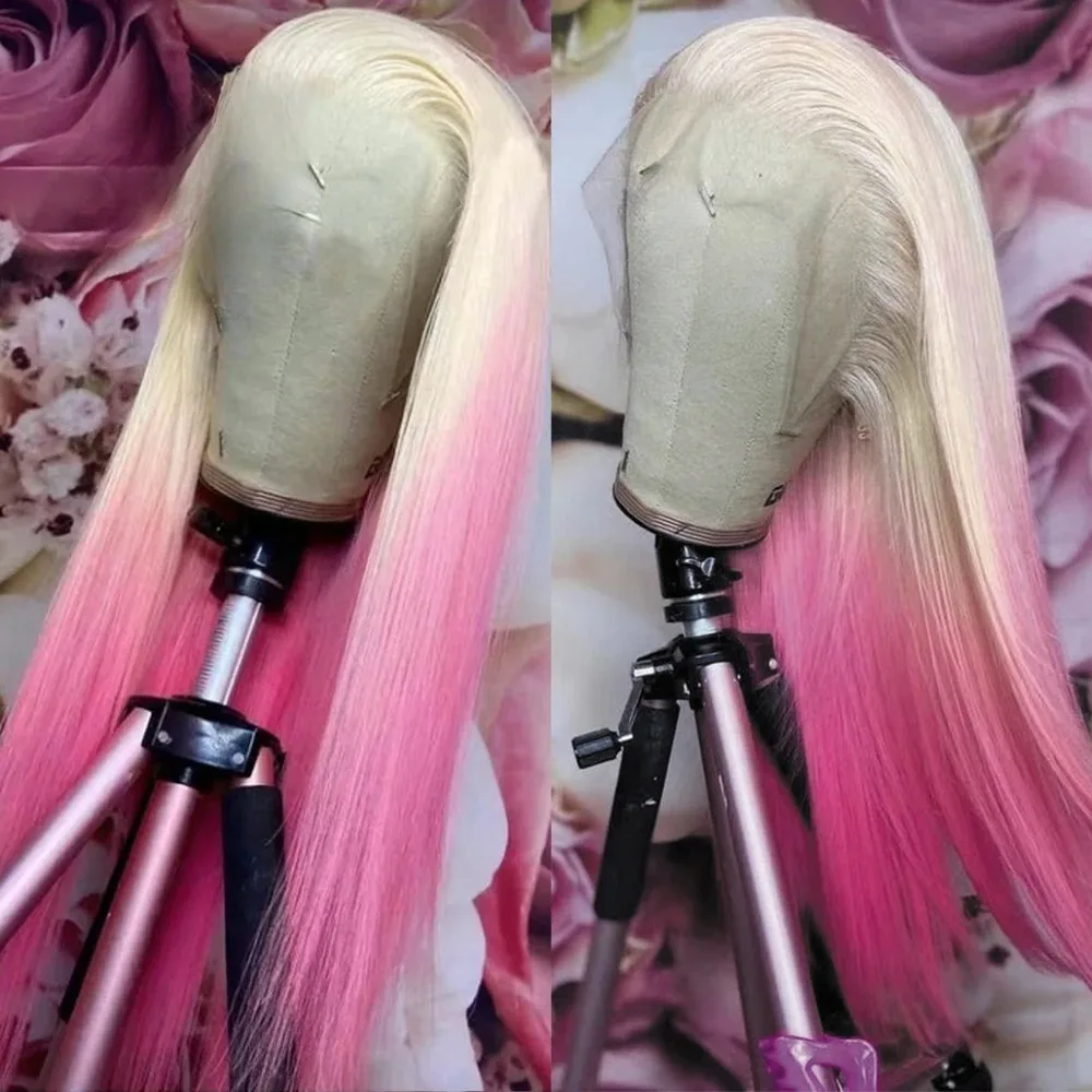 

Ombre Pink Bone Прямой кружевной фронтальный парик 13x4 HD Синтетический парик фронта шнурка Предварительно выщипанные натуральные волосы Бесклеевой парик