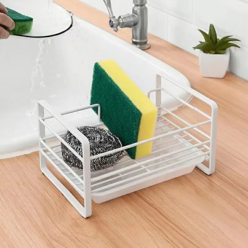 Sturdy and Durable White Mental Sponge Holder for Kitchen Sink Over The Sink Dish Drainer Drying Rack