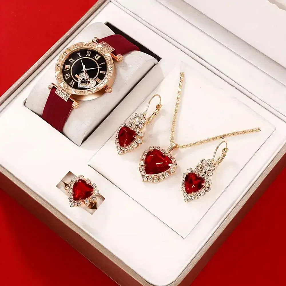 Luxury Watch Women Ring Necklace Earring Rhinestone Fashion Wristwatch Casual Ladies Watches Bracelet Set Clock