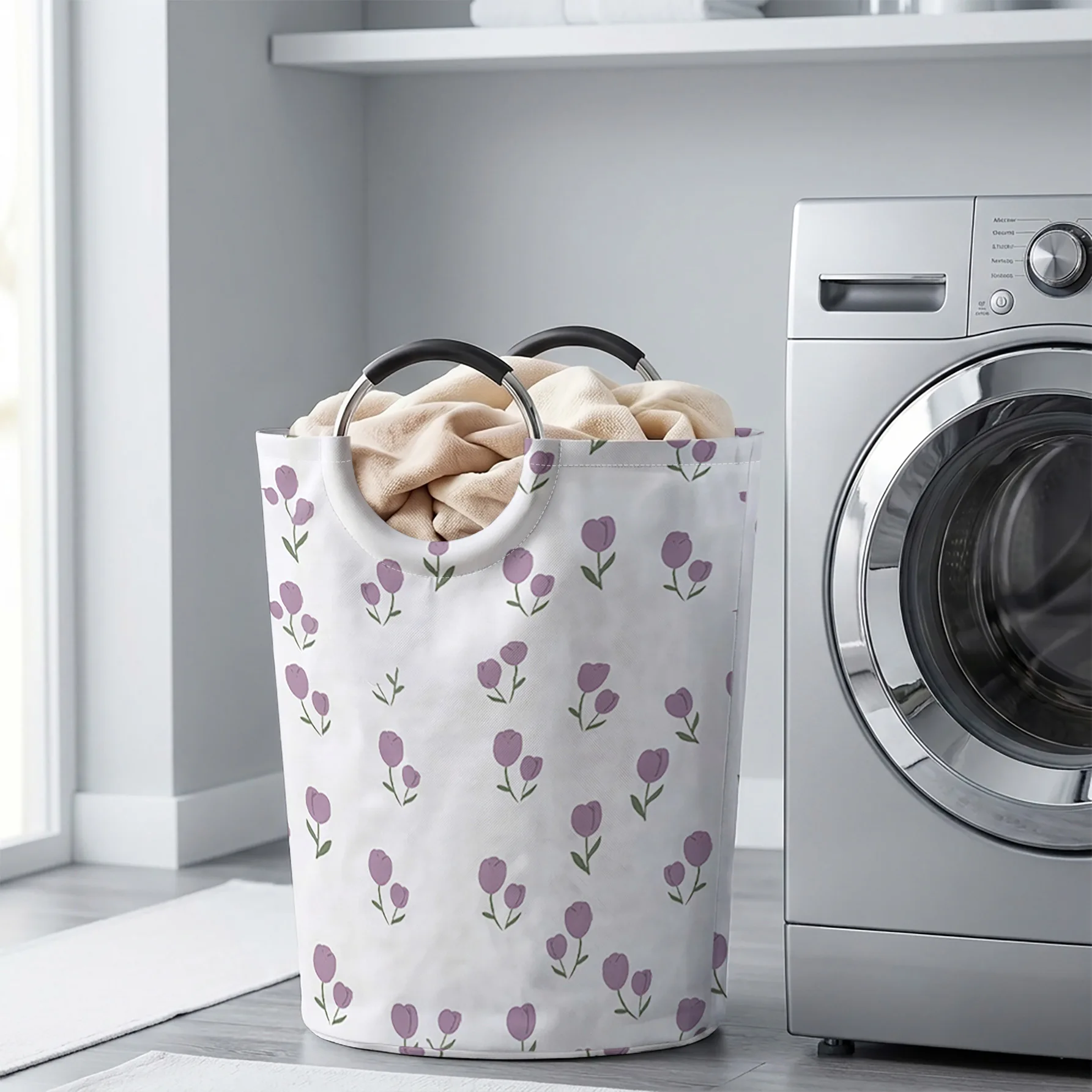 Light Purple Tulip All‑Over Print Handheld Storage Basket, For Laundry, Bedroom & Home Sundries Storage
