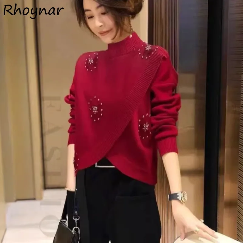 

Pullovers Women Autumn Temperament Ladies Half-high Collar Baggy Criss-cross Crop Sweater All-match Casual Ulzzang Streetwear