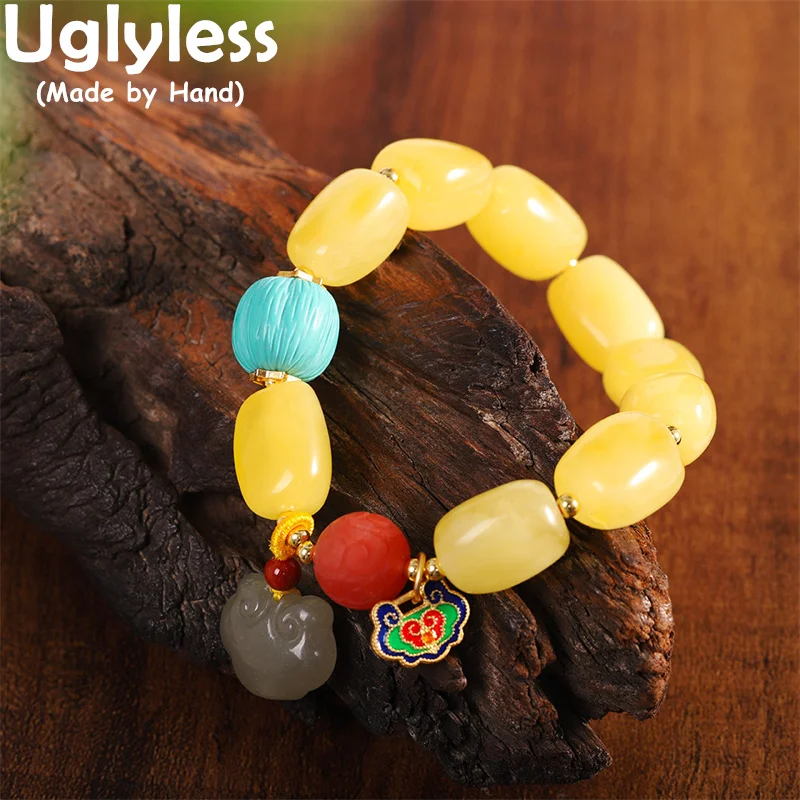 

Uglyless Elastic Rope Big Barrel Beads Amber Beeswax Bracelets Women Natural Multi Gemstones Beading Jewelry 925 Silver Bracelet