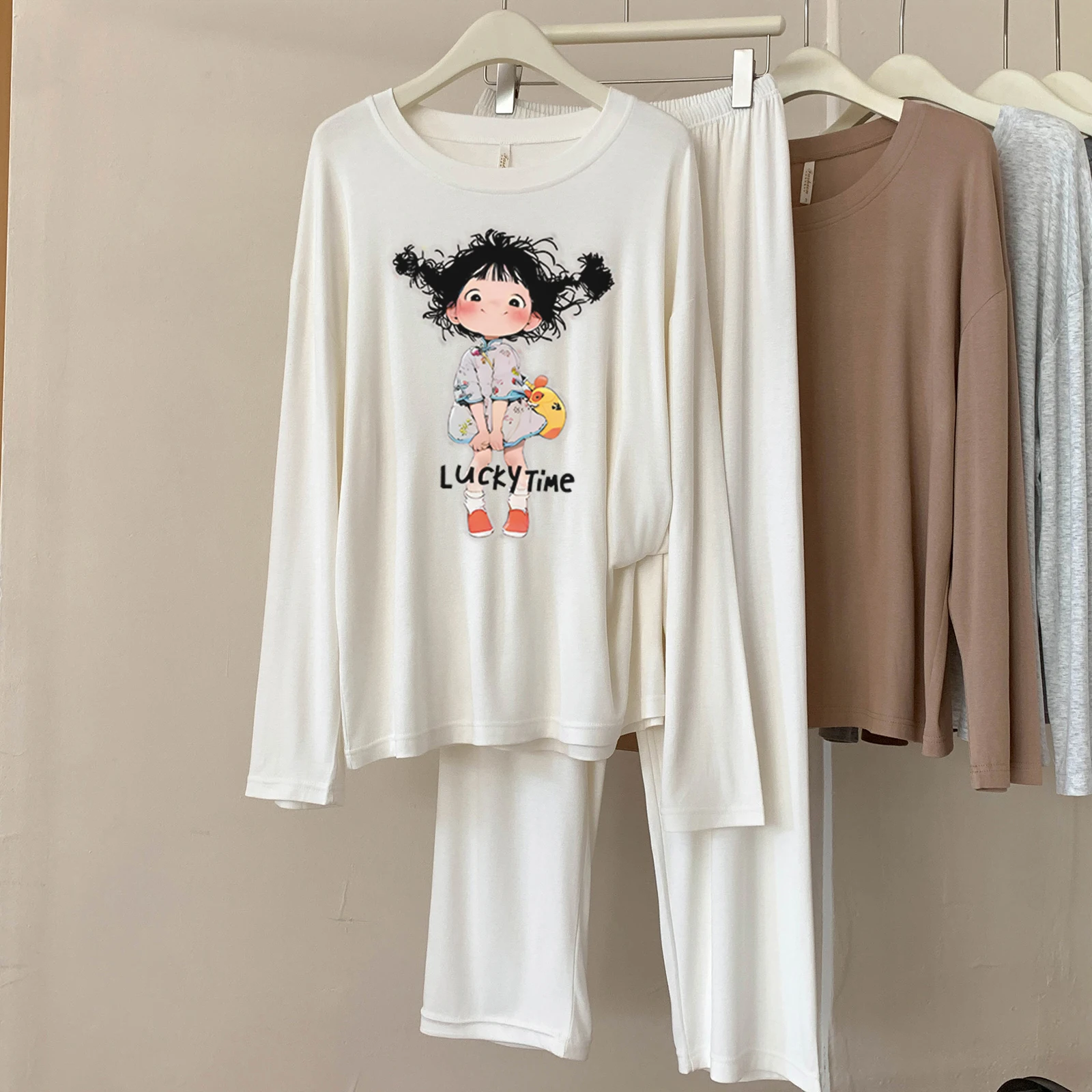 

5117-302 Женская пижама из модала, новый стиль весны и осени, повседневная, простая, однотонная, с круглым вырезом, с длинными рукавами, удобная